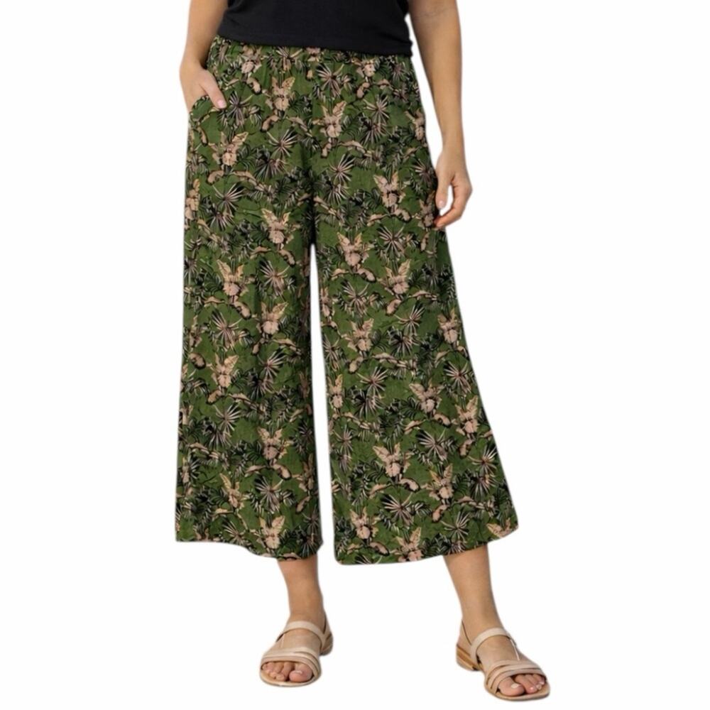 Tahari Linen Wide Leg Pants Crop Palazzo Olive Green Floral Women’s Size Large